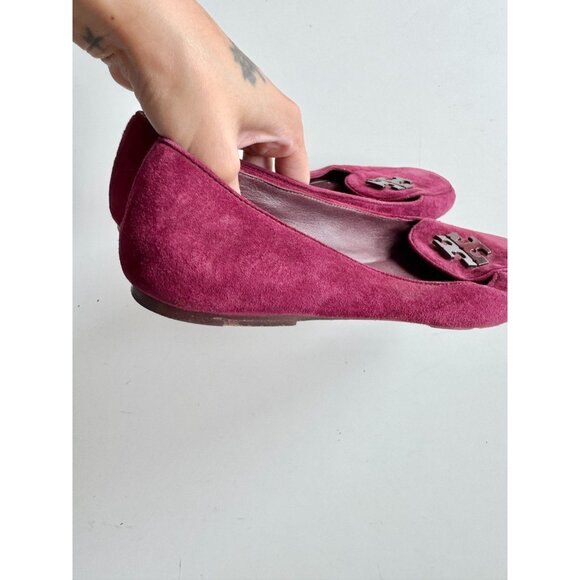 TORY BURCH Wine Burgundy Suede Leather Plastic Logo Driving Loafers, Size 9 - Picture 4 of 13